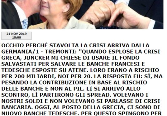 L’arguto Giulio Tremonti, che anticipò mesi fa la crisi in arrivo per l’Italia (riforma dell’ESM/MES), colpisce nel segno: dice di K. Regling, capo dell’ESM, “ricorda quello che diceva Ciano di Ribbentrop, ha una forma del cranio che fa male all’Italia”