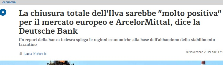Ex ILVA: la procura di Milano vuole tutelare l’ “interesse pubblico”. E dove era tale interesse pubblico nel 2012, quando si diede seguito a denunce vecchie di lustri sull’ILVA inquinatrice? Proprio nel mezzo dell’attacco all’Italia ed a Berlusconi? Si apriranno fascicoli anche sull’operato dei giudici di Taranto?