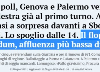 Quorum referendario sui quesiti proposti dal centro destra: 20%, minimo repubblicano Il popolo del cdx – tradito dagli ex “sovranisti” – è rimasto a casa…