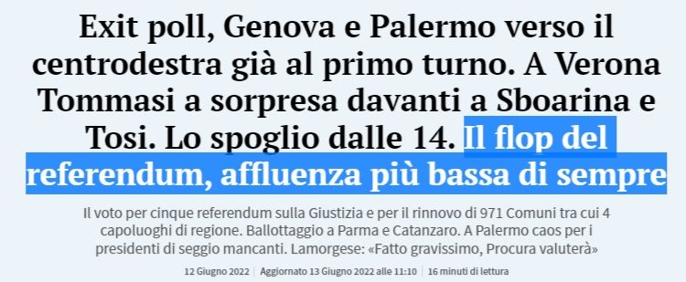 Quorum referendario sui quesiti proposti dal centro destra: 20%, minimo repubblicano Il popolo del cdx – tradito dagli ex “sovranisti” – è rimasto a casa…
