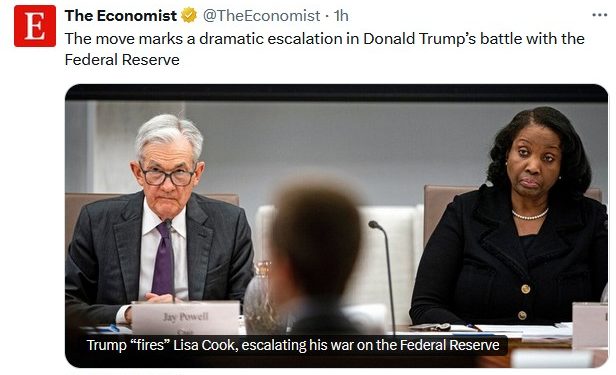 Secondo i media di Davos il capo della FED, Powell, doveva essere licenziato da Trump: ed invece Lisa Cook, nemica di Powell, è stata licenziata
